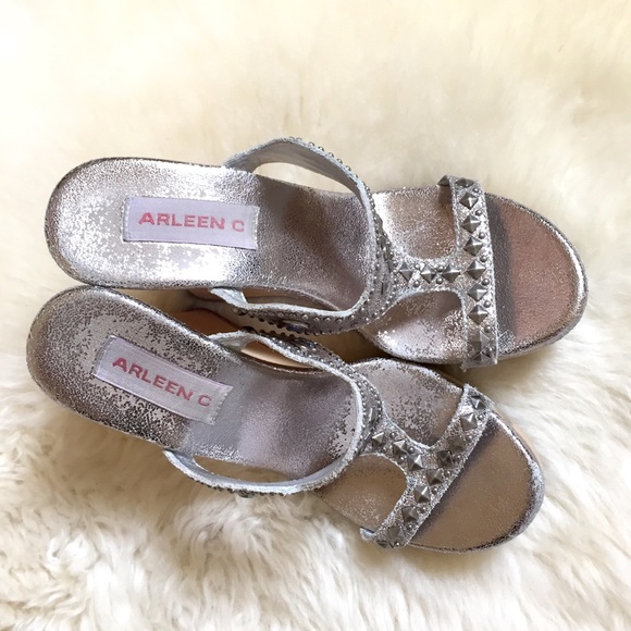 Arleen C Studded Silver Leather Wedge Sandals - Picture 3 of 8